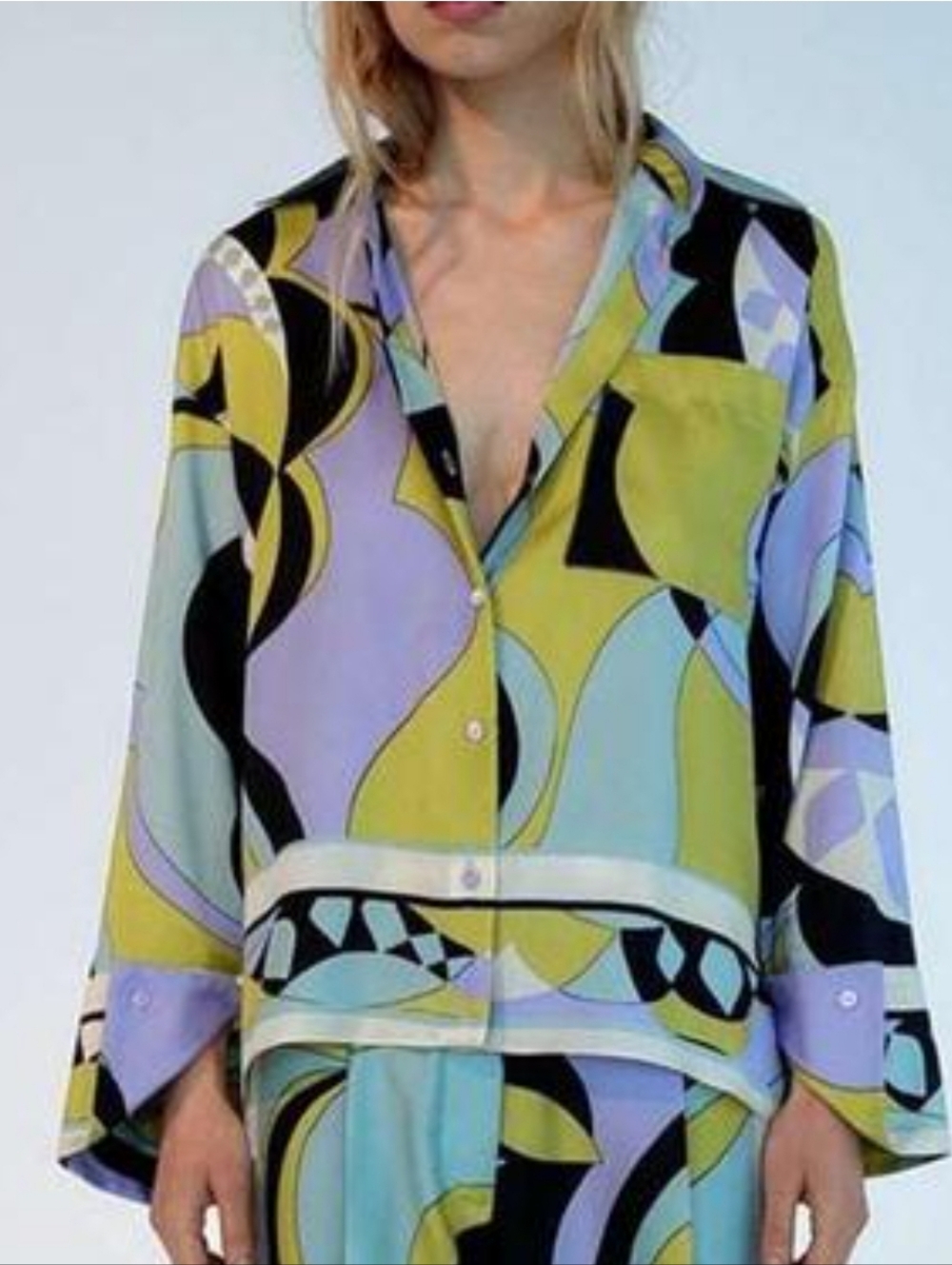 Zara Silky Abstract Print Button-Down Shirt in Pastel Multi
